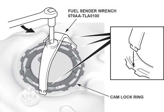 Remove the fuel tank unit cam lock ring using the fuel sender wrench (T/N 070AA-TLA0100).